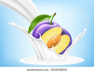 A ameixa roxa madura fresca cai em um respingo de iogurte ou leite, coquetel splash com gotas, Milkshake splash com frutas doces suculentas. Ilustração realista do vetor 3d