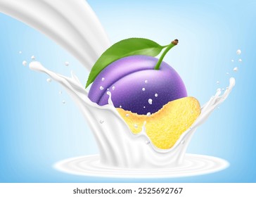 A ameixa roxa madura fresca cai em um respingo de iogurte ou leite, coquetel splash com gotas, Milkshake splash com frutas doces suculentas. Ilustração realista do vetor 3d