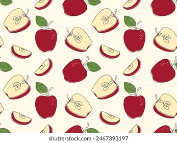 Fresh ripe red apples seamless pattern. Slices and whole Doodle drawn apple. Summer autumn harvest garden background. Healthy fruit. Pattern for packaging, wallpaper, cover design