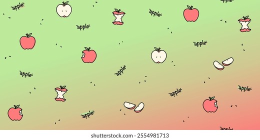 Fresh ripe red apples seamless pattern. Slices and whole Doodle drawn apple. Summer autumn harvest garden background. Healthy fruit concept.