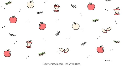 Fresh ripe red apples seamless pattern. Slices and whole Doodle drawn apple. Summer autumn harvest garden background. Healthy fruit concept.