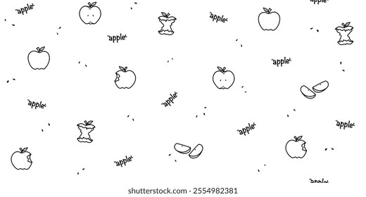 Fresh ripe red apples seamless pattern. Slices and whole Doodle drawn apple. Summer autumn harvest garden background. Healthy fruit concept.