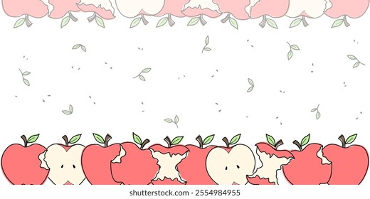 Fresh ripe red apples seamless pattern. Slices and whole Doodle drawn apple. Summer autumn harvest garden background. Healthy fruit concept isolated on white.