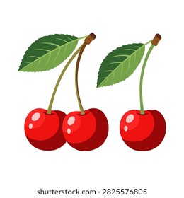 Fresh ripe red cherries with green leaves icon ingredient vegetarian vitamins
