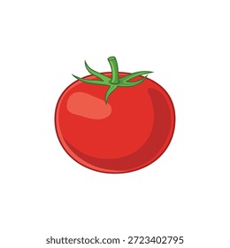 Fresh ripe red tomato vegetable with green stem vector illustration icon in flat cartoon style isolated