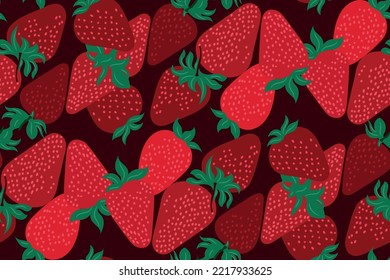 Fresh ripe strawberries background. Hand drawn strawberry seamless vector pattern. Berry print in rich red, burgundy tones. Beautiful fruit pattern, strawberry berries top view. Vector illustration.