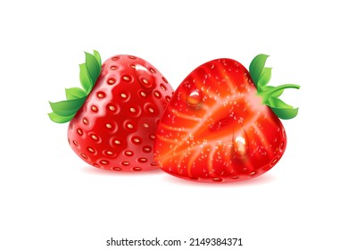 Composición de fresas maduras frescas con bayas enteras y cortadas a la mitad. Dibujo vectorial plano producto de frutas naturales y orgánicas para dieta y nutrición, alimentos jugosos húmedos, postre dulce