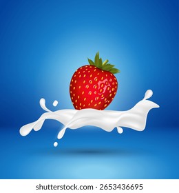 Fresa madura fresca que cae en salpicadura de leche sobre fondo azul degradado con textura jugosa realista y efecto de movimiento líquido blanco.