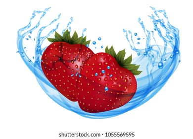 Fresh ripe strawberry with water splash isolated on white background. Vector illustration.
