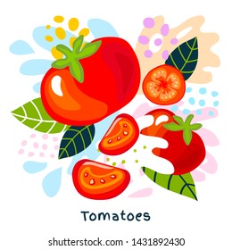 Fresh ripe tomato vegetable juice splash organic food juicy tomatoes vegetables splatter on abstract background vector hand drawn illustrations