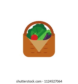Fresh ripe vegetables in wicker basket isolated on white background - farm harvest of vegetarian healthy food for eco-friendly organic concept in flat vector illustration.