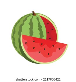 Fresh ripe watermelon in cartoon style. Vector whole and parts sweet watermelon isolated on a white background.