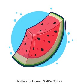 Fresh ripe watermelon fruit slice cartoon illustration with black seeds inside. Cute cartoon with flat style concept