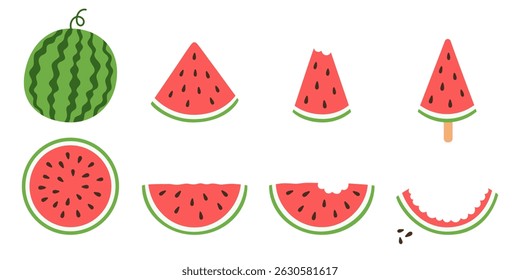 Fresh ripe watermelon set. Whole and sliced fruit, bitten watermelon slice. Summer fruit theme. Vector illustration isolated on white background.