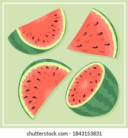 Ilustración de una sandía fresca y madura. Recortes de sandía, ilustración de la comida de verano para el diseño de la frutería. Berry rebanada.
