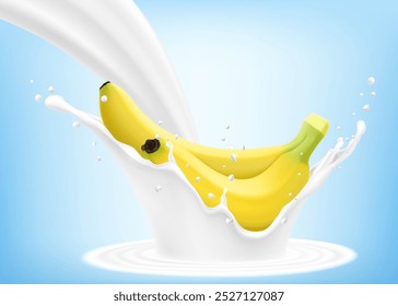 Frische reife gelbe Banane fällt in einen Spritzer Jogurt oder Milch, Cocktail-Spritzer mit Tropfen, Milkshake-Spritzer mit süßen exotischen Früchten. Realistische 3D-Vektorgrafik