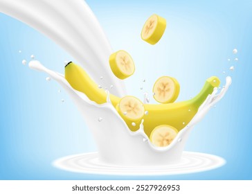 Fresh ripe yellow banana falls into a splash of yogurt or milk, cocktail splash with drops, Milkshake splash with sweet exotic fruit. Realistic 3d vector illustration