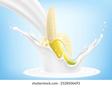 Banana amarela madura fresca cai em um respingo de iogurte ou leite, coquetel splash com gotas, Milkshake splash com frutas doces exóticas. Ilustração realista do vetor 3d