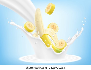 Frische reife gelbe Banane fällt in einen Spritzer Jogurt oder Milch, Cocktail-Spritzer mit Tropfen, Milkshake-Spritzer mit süßen exotischen Früchten. Realistische 3D-Vektorgrafik