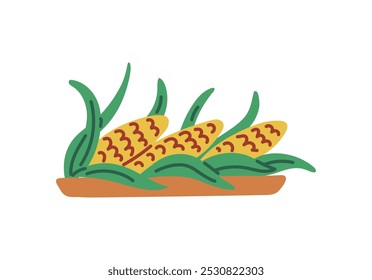 Espigas de milho amarelas maduras frescas com folhas verdes recolhidas e empilhadas em uma bandeja. Colheita de outono. Agricultura. Planta. Comida orgânica saudável. Estilo de desenho animado. Ilustração vetorial isolada sobre fundo branco.