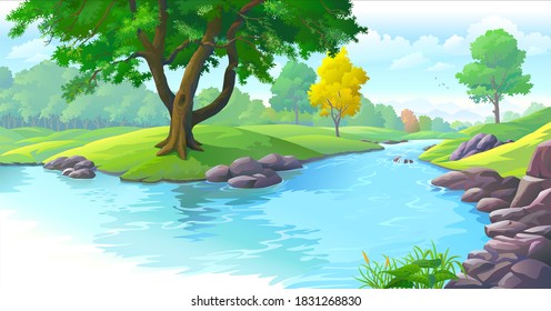 Fresh river water flowing across green landscape  Trees   forest surrounding the river bed 