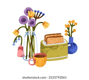 Fresh roasted bread slices from toaster, morning tea cup, flowers in vase. Cozy home breakfast with toasts. Comfort food, coffee, hygge kitchen. Flat vector illustration isolated on white background