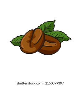 Granos de café asados frescos con hojas aisladas en fondo blanco. ilustración vectorial.