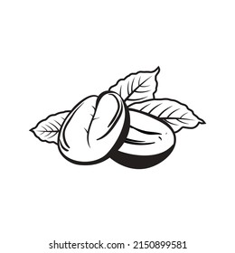 Fresh roasted coffee beans with leaves isolated on white background. vector illustration.