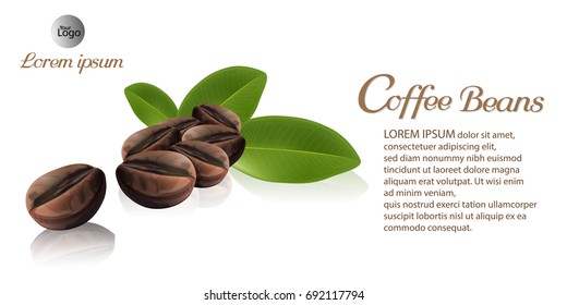 Fresh roasted coffee beans with leaves isolated on white background. vector illustration.