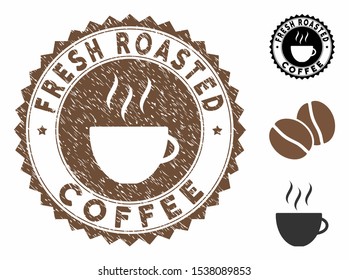 Fresh Roasted Coffee rubber round seal. Vector seal in chocolate color with coffee cup elements. Flat icons and dust texture are used for Fresh Roasted Coffee rubber imprints.