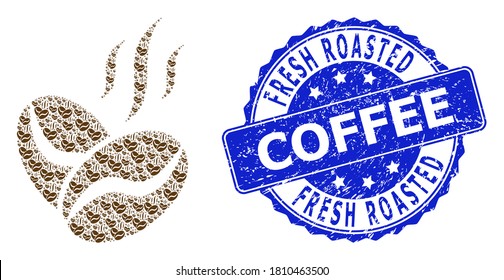 Fresh Roasted Coffee rubber round watermark and vector recursive mosaic coffee beans aroma. Blue stamp seal has Fresh Roasted Coffee caption inside round shape.