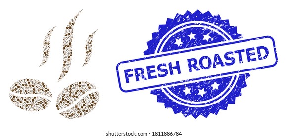 Fresh Roasted dirty stamp and vector recursive mosaic coffee beans smell. Blue stamp seal contains Fresh Roasted title inside rosette.