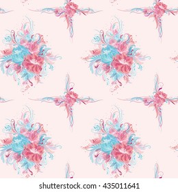 Fresh Romantic Vector Pattern | Seamless tile-able floral texture with rose and blue flower bouquets and swirls on white background