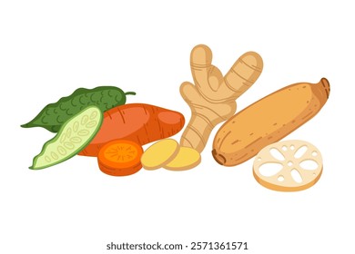 Fresh root vegetables and herbs, including ginger, sweet potatoes, and turmeric. Perfect for food or health-related visuals. Vector illustration