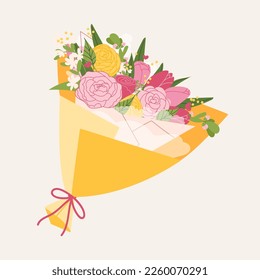 Fresh rose and tulip flowers bouquet isolated on beige background. Cute spring floral bunches vector flat illustration. for Woman, mother gift day