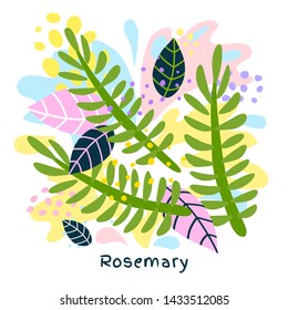 Fresh rosemary vegetable juice splash organic food vegetables condiment spice splatter on abstract coloful splatter splash background vector hand drawn illustrations