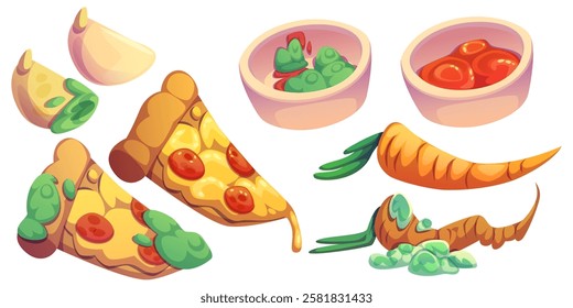 Fresh and rotten food comparison with moldy pizza slices, spoiled carrot, sauce in ceramic bowls and garlic clove. Good and decomposed items showing waste stages for educational kitchen safety design.