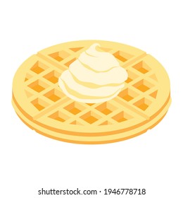 Fresh round belgium waffle with ice cream isolated on white background isometric view. Vector