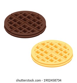 Fresh round chocolate and honey belgium waffle isolated on white background isometric view. Vector