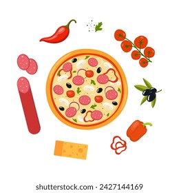 Fresh round pizza cut into triangular pieces and ingredients around. Pizza with tomato, cheese, olive, sausage, onion, pepper. Traditional Italian fast food. Top view meal. Vector illustration