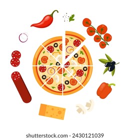 Pizza redonda fresca cortada en trozos triangulares e ingredientes alrededor. Pizza con tomate, queso, oliva, salchicha, cebolla, pimienta. Comida rápida italiana tradicional. Vista superior de la comida. Ilustración de vector