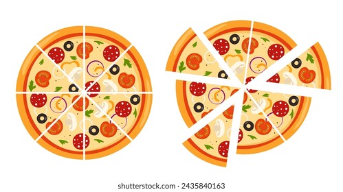 Fresh round pizza cut into triangular pieces. Pizza with tomato, cheese, olive, sausage, onion, basil. Traditional Italian fast food. Top view meal. Vector illustration