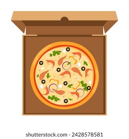 Fresh round pizza with fish, shrimp, cheese, olive, onion, basil. Traditional Italian fast food. Top view meal in an open cardboard box. Vector illustration