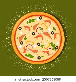 Fresh round pizza with fish, shrimp, cheese, olive, onion, basil. Traditional Italian fast food. Top view meal. Vector illustration