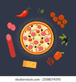 Fresh round pizza and ingredients around on dark background. Pizza with tomato, cheese, olive, sausage, onion, pepper. Traditional Italian fast food. Top view meal. Vector illustration