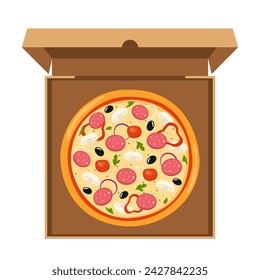 Fresh round pizza with tomato, cheese, olive, sausage, onion, mushrooms. Traditional Italian fast food. Top view meal in an open cardboard box. Vector illustration