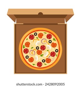 Pizza redonda fresca con tomate, queso, oliva, salchicha, cebolla, albahaca. Comida rápida italiana tradicional. Vista superior de la comida en una caja de cartón abierta. Ilustración de vector