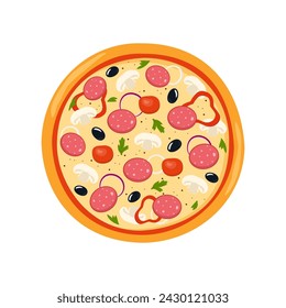 Fresh round pizza with tomato, cheese, olive, sausage, onion, mushrooms. Traditional Italian fast food. Top view meal. Vector illustration