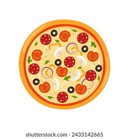 Pizza redonda fresca con tomate, queso, oliva, salchicha, cebolla, albahaca. Comida rápida italiana tradicional. Vista superior de la comida. Ilustración de vector