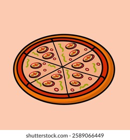 Fresh round pizza with tomatoes, cheese, olives, sausage, onions. Traditional Italian fast food.